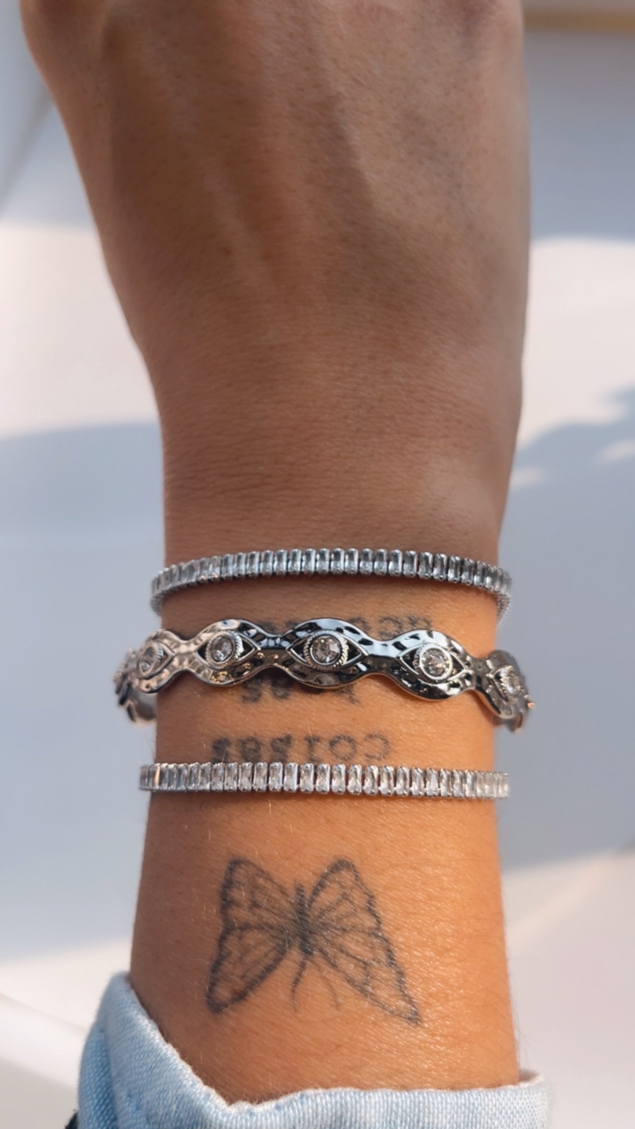Pulseira bracelete olho strass níquel